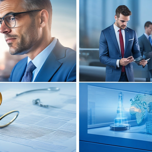 A split-screen image featuring a businessman in a suit on the left, surrounded by industry-specific icons (e.g., a stethoscope for healthcare, a briefcase for finance), and a magnifying glass zooming in on a business plan blueprint on the right.