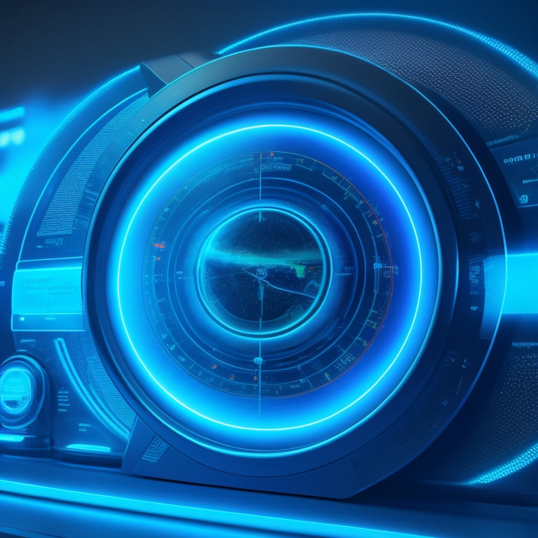 A futuristic dashboard with glowing blue lines and circular graphs, amidst a dark background, surrounded by tiny, orbiting payment cards and a subtle, shimmering aura.