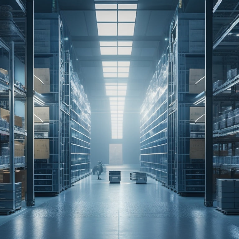 A futuristic, sleek warehouse with rows of shelves stocked with building materials, surrounded by holographic screens displaying 3D product models, with robots and drones moving efficiently in the background.