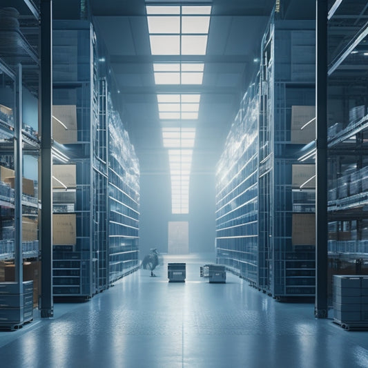 A futuristic, sleek warehouse with rows of shelves stocked with building materials, surrounded by holographic screens displaying 3D product models, with robots and drones moving efficiently in the background.