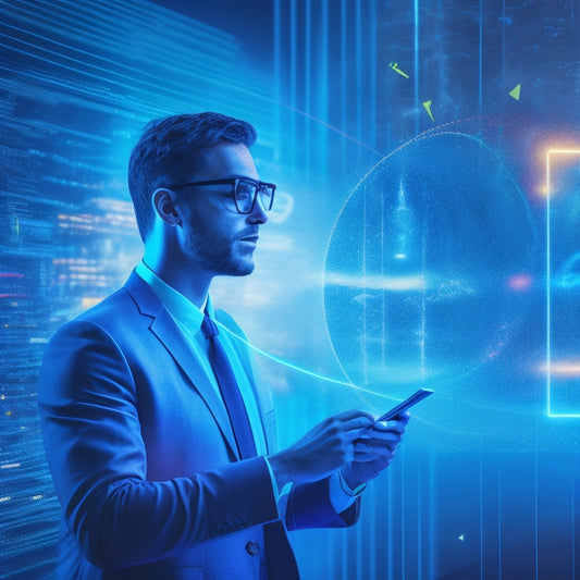 A futuristic, minimalist illustration featuring a mesmerized customer surrounded by swirling digital download icons, with glowing blue lines and sparks emanating from their devices, amidst a dark, gradient background.