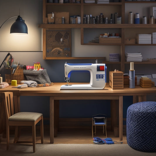 A well-lit, organized sewing station with a sleek, modern machine at its center, surrounded by neatly arranged threads, fabric swatches, and notions, with a few partially sewn projects in the background.