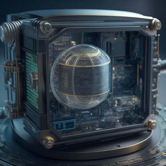 An illustration of a futuristic, metallic enclosure with a prominent display screen, surrounded by intricate circuit boards and wires, with a magnifying glass hovering above, highlighting the "PLR" code.