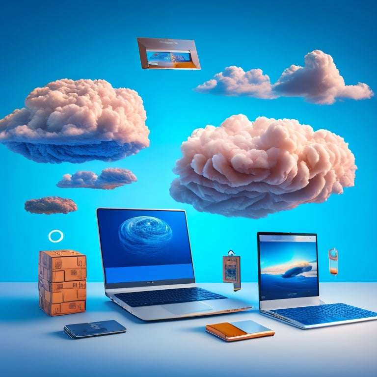 An illustration of a stylized online store with digital products floating out of laptops and tablets, surrounded by swirling clouds and sparkling lines, symbolizing ease and convenience.