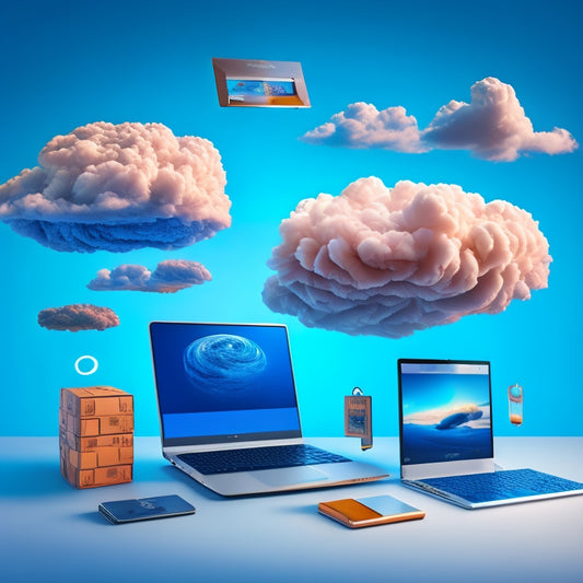 An illustration of a stylized online store with digital products floating out of laptops and tablets, surrounded by swirling clouds and sparkling lines, symbolizing ease and convenience.