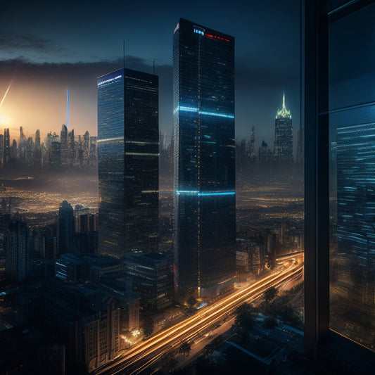 A darkened cityscape at dusk, with a prominent skyscraper in the center, its windows representing website screens, flickering with error messages and broken code, surrounded by a halo of warning symbols and caution tape.