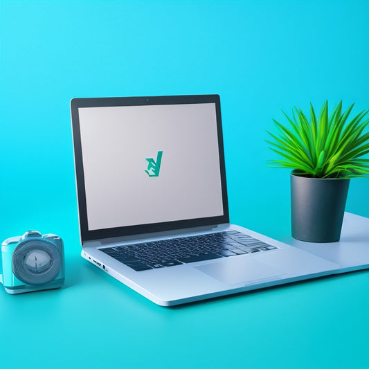 A minimalist illustration featuring a laptop with a green checkmark above the screen, surrounded by scattered files, folders, and a small clock, all set against a clean, gradient blue background.