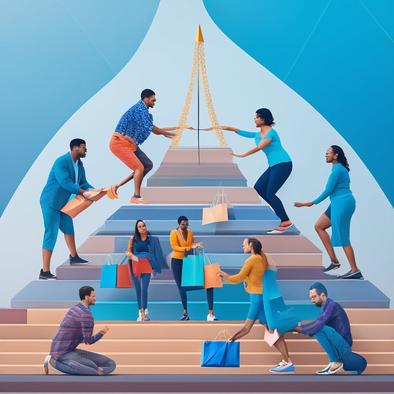 A stylized illustration of a diverse group of people forming a human pyramid, with shopping bags and laptops at their feet, surrounded by rising graphs and upward-facing arrows, set against a bright, gradient blue background.