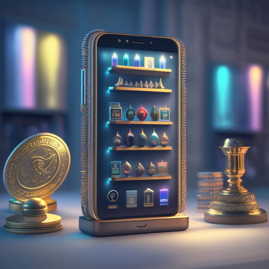 A stylized illustration of a smartphone screen displaying a virtual rewards shelf, filled with 3D modeled digital products like badges, trophies, and coins, surrounded by subtle, shimmering lights.