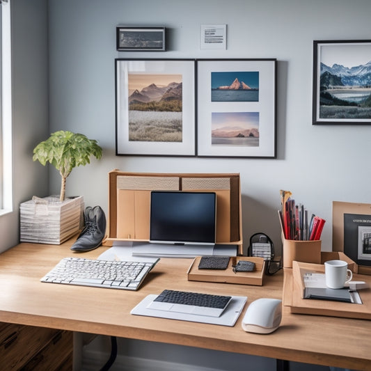 A clutter-free desk with a laptop, a printer, and a few neatly arranged shipping boxes, surrounded by minimalistic office decor, conveying a sense of efficiency and simplicity.