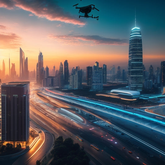 A futuristic cityscape at dusk, with sleek skyscrapers and neon lights, featuring giant screens displaying e-commerce statistics, robotic delivery drones flying in the sky, and virtual reality shopping experiences.