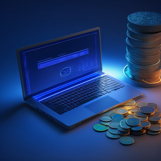 A minimalist illustration featuring a laptop surrounded by ascending stacks of coins, with a subtle glow emanating from the screen, set against a dark blue background with subtle circuit board patterns.