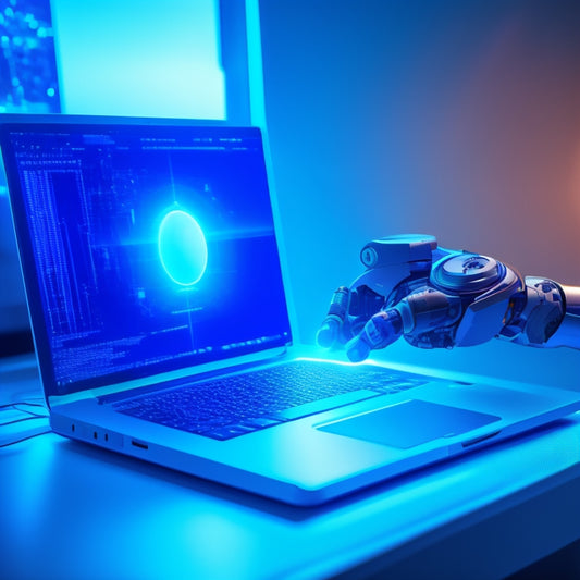 A futuristic, sleek, silver robotic arm extending from a laptop, grasping a glowing blue orb representing digital downloads, set against a dark blue background with subtle circuit board patterns.
