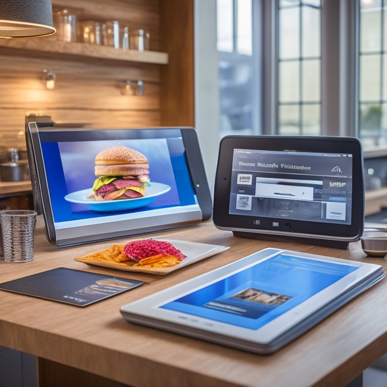 A modern restaurant kitchen with a commercial printer in the background, printing out an order receipt, while a tablet or smartphone screen in the foreground displays an online ordering platform.