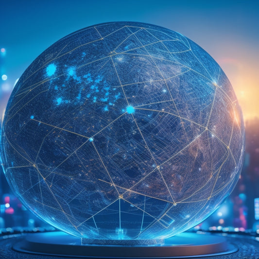 A futuristic globe with glowing blue digital circuits and wires wrapped around it, surrounded by abstract shapes and lines representing data streams, with a subtle cityscape in the background.