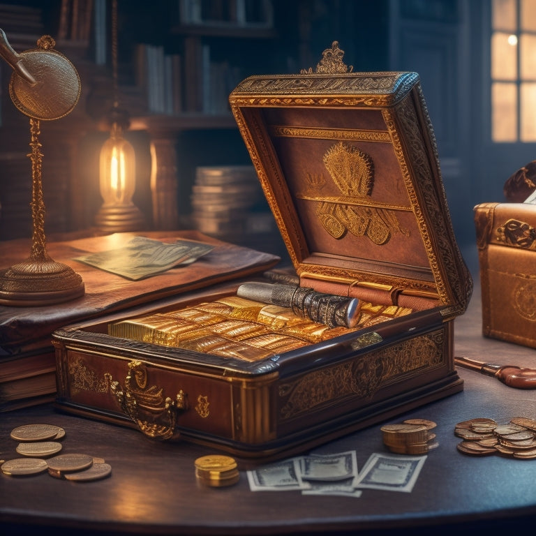 A golden key unlocking a treasure chest overflowing with ebooks, surrounded by stacks of cash, coins, and a laptop with a screen displaying a rising profit graph.