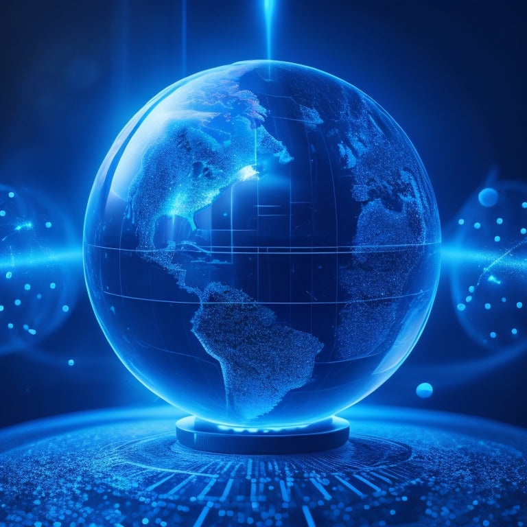 A futuristic, minimalist illustration featuring a stylized globe with glowing blue circuits and interconnected devices, surrounded by ascending arrows and orbiting spheres, conveying innovation and growth.