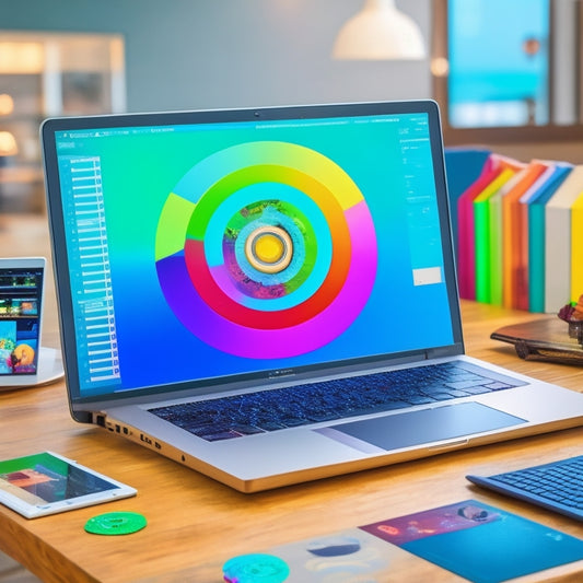 A split-screen illustration featuring a laptop with a digital product interface on the left, and a set of colorful, overlapping circles with icons of personas, charts, and gears on the right.
