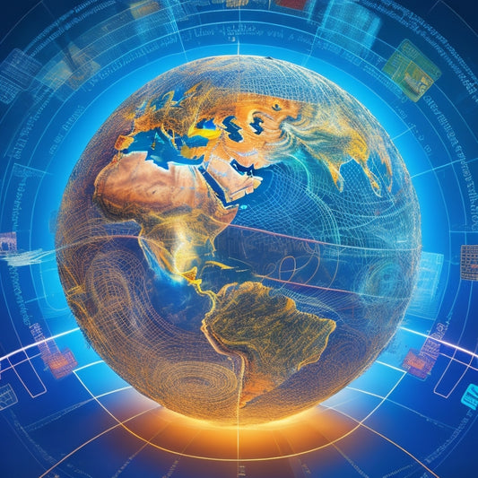 An illustration of a globe with a seamless, swirling vortex of currency symbols, credit cards, and digital payment icons, surrounded by a network of interconnected circles and lines, conveying a sense of efficiency and security.
