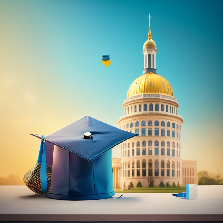 A stylized, modern illustration of a graduation cap surrounded by shopping bags, discount tags, and confetti, with a subtle university building silhouette in the background.