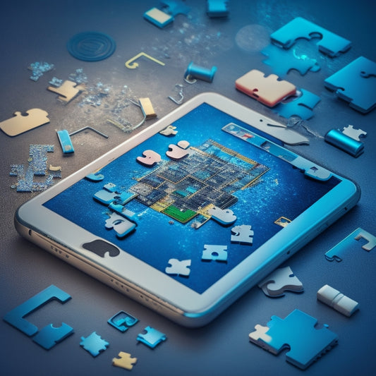 A broken puzzle with missing pieces, surrounded by scattered digital product icons (e.g. mobile apps, software, e-books), with a faint graph or chart background, conveying disconnection and inaccuracy.