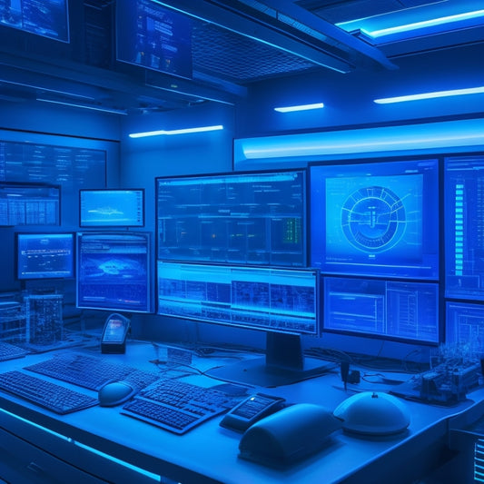 A futuristic, high-tech dashboard with glowing blue lines and neon lights, surrounded by various gadgets and devices, depicting a merchant's command center for efficient operations.