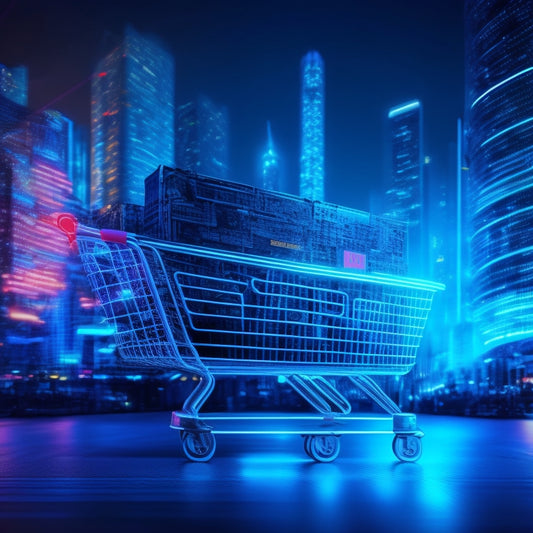 A futuristic illustration of a virtual shopping cart overflowing with products, surrounded by swirling digital currency symbols and glowing payment processing lines, set against a dark blue neon-lit cityscape background.