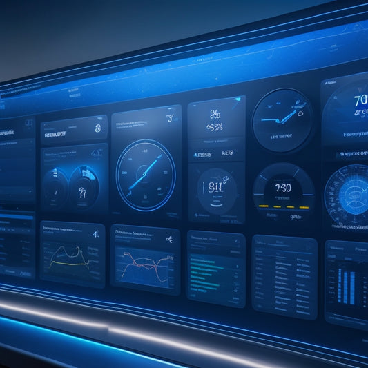 A futuristic dashboard with a large, circular graph displaying various ecommerce metrics, surrounded by smaller screens showing product ratings, customer reviews, and sales data, all set against a dark blue background with neon accents.