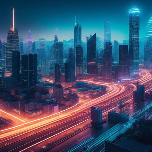 A futuristic, neon-lit cityscape at dusk with sleek skyscrapers and bustling streets, replaced by ecommerce icons, charts, and graphs, with downloads and shopping bags floating upwards like balloons.