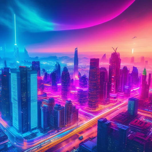 A futuristic, neon-lit cityscape with sleek skyscrapers and bustling streets, overlaid with glowing digital circuits and 1s/0s, surrounded by floating e-commerce icons and upward-arrows.