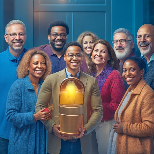 An illustration of a person standing in front of a large, unlocked padlock, with a bright light emanating from it, surrounded by diverse individuals of different abilities, all smiling and engaged.