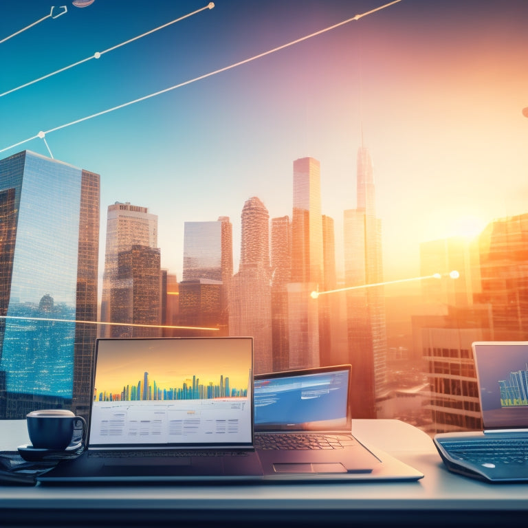 An illustration of a business graph rising rapidly, surrounded by online course icons, laptops, and tablets, set against a cityscape backdrop with skyscrapers and a bright, sunny sky.