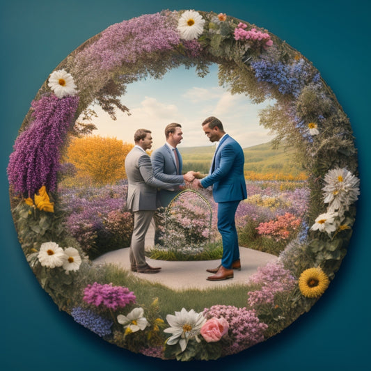 An illustration of two business professionals standing back-to-back, each holding a half of a puzzle piece that forms a circle when connected, surrounded by blooming flowers and vines.