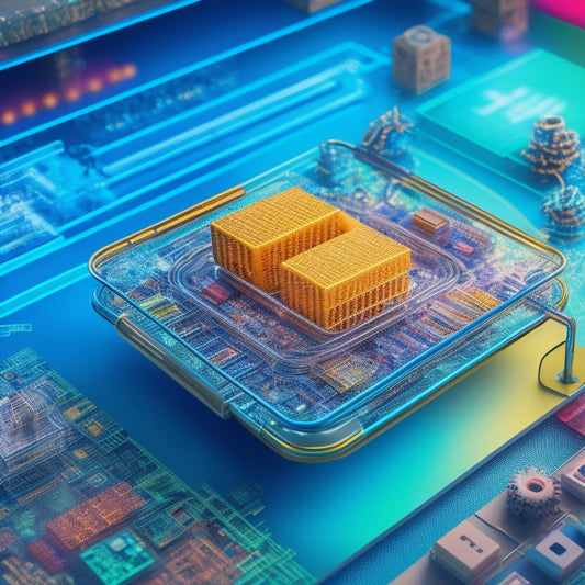 An illustration showing a tablet with a shopping cart icon, surrounded by interconnected gears, puzzle pieces, and arrows, set against a background of circuit boards and wires.