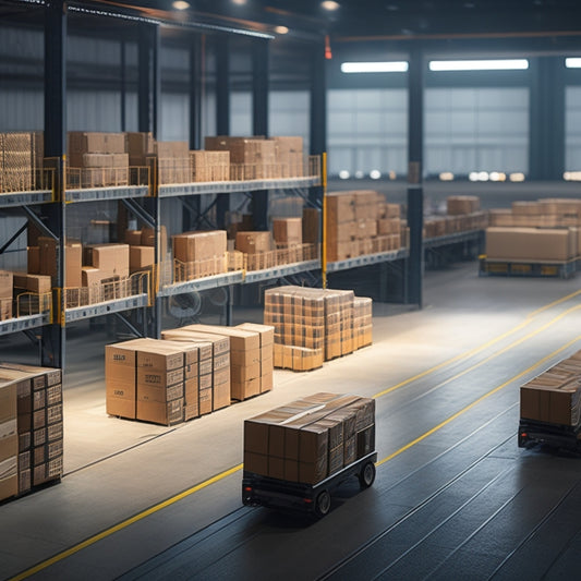 A stylized, minimalist illustration of a sleek, modern warehouse with conveyor belts, packages moving swiftly on them, and robotic arms efficiently sorting and packing boxes in the background, with a subtle glow of digital screens.