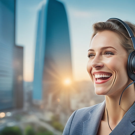 A smiling customer service representative, headset on, enthusiastically gesticulating while speaking on the phone, surrounded by satisfied customer testimonials, rising sales graphs, and a cityscape in the background.