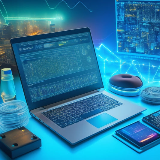 A stylized illustration of a laptop screen displaying a graph with an ascending curve, surrounded by icons of digital products and shopping bags, with a subtle background of circuit boards and wires.
