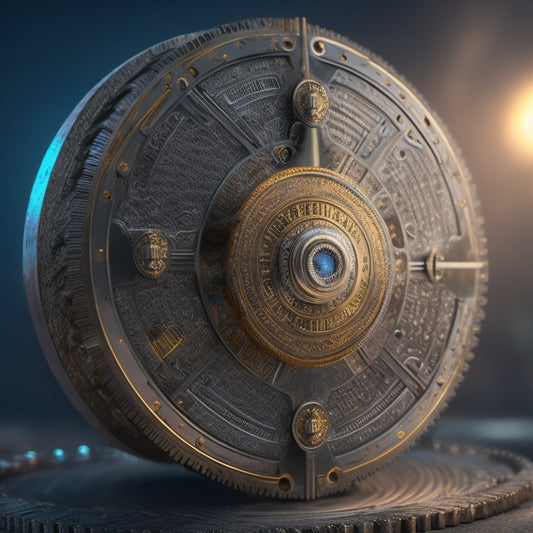 A shield with a lock at its center, surrounded by a circle of interconnected gears, with a faint background of circuit boards and wires, conveying a sense of secure online transactions.