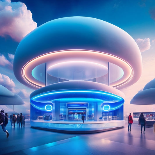 A futuristic illustration of a virtual shopping mall with sleek, curved lines and neon lights, featuring a giant smartphone at the center, surrounded by swirling clouds of data and customers' avatars.