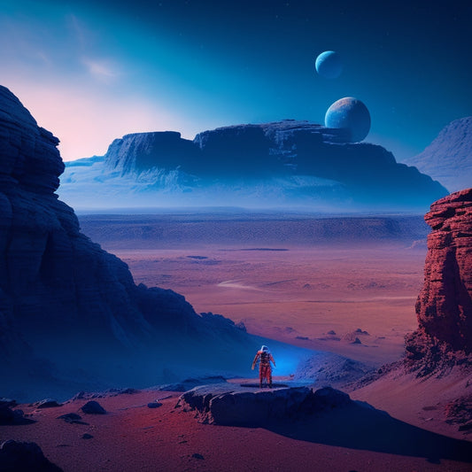 A futuristic, rusty-red Martian landscape with a heroic robotic figure standing on a rocky cliff, surrounded by levitating spacecraft parts and glowing blue circuits, with Olympus Mons in the background.