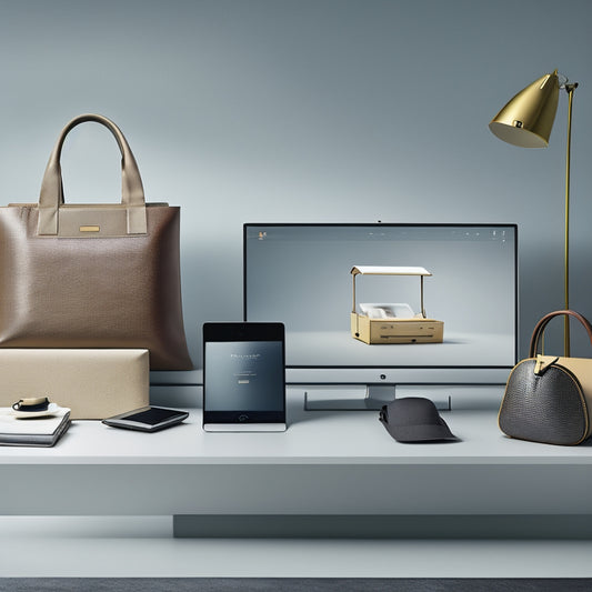 A futuristic, minimalist background with a series of sleek, modern laptops and tablets, each displaying a different ecommerce website template on their screens, with subtle shopping bag and cart icons.
