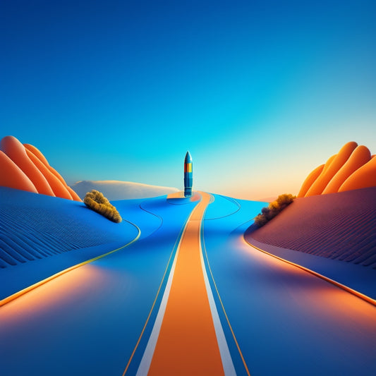 A minimalist illustration of a winding road with a shopping cart at the starting point, transforming into a rocket ship at the end, set against a gradient of blue to orange, symbolizing growth and success.