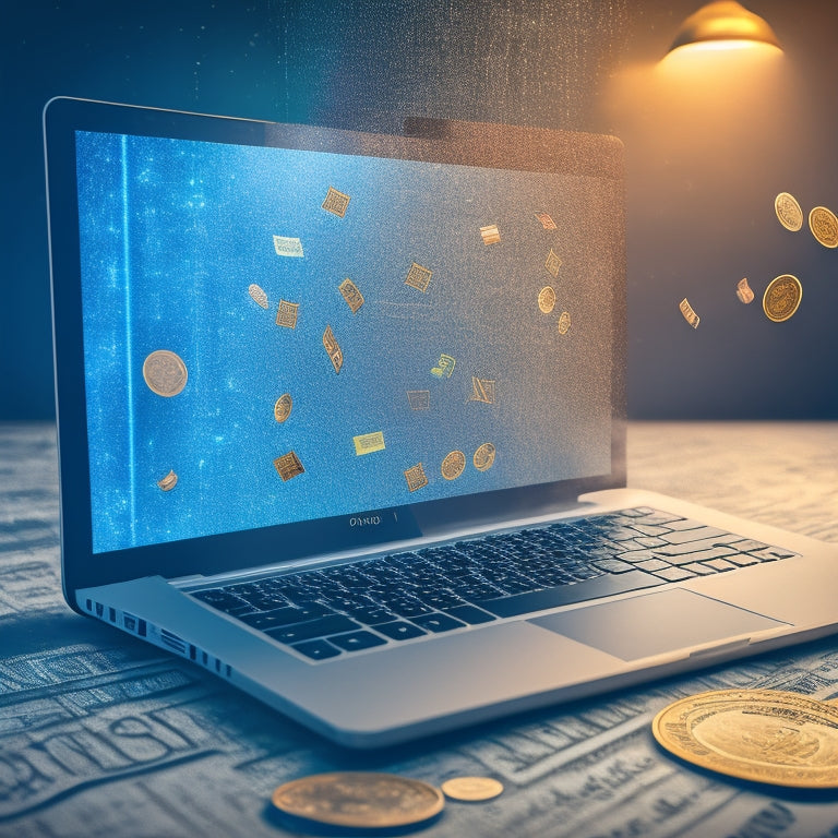 An illustration of a laptop screen displaying a digital music library, with coins and dollar bills raining down on it, surrounded by faint outlines of state borders and a subtle grid of ones and zeros in the background.