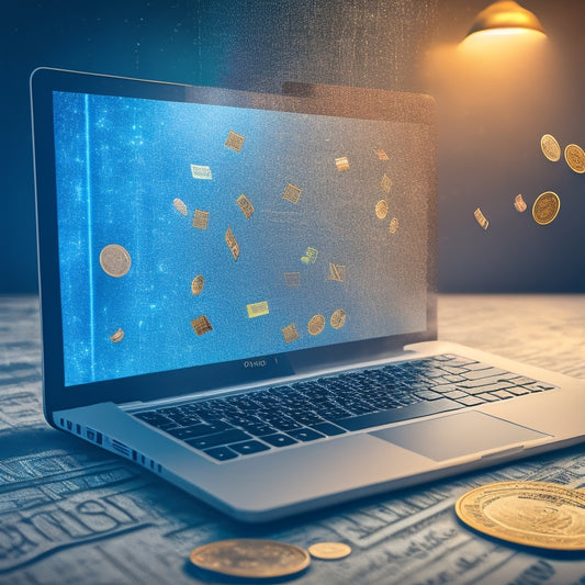 An illustration of a laptop screen displaying a digital music library, with coins and dollar bills raining down on it, surrounded by faint outlines of state borders and a subtle grid of ones and zeros in the background.