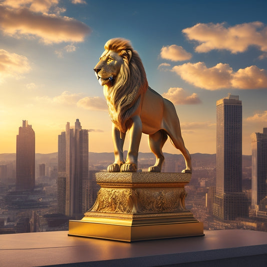 A majestic, golden lion standing on a pedestal, surrounded by scrolling digital screens displaying rising sales graphs, with a subtle cityscape background and a faint, shimmering aura.