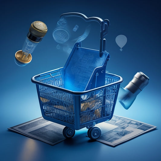 An illustration of a magnifying glass hovering above a shopping cart, with various icons and symbols bursting out, including a puzzle piece, a key, a lightbulb, and a miniature chart, against a dark blue background.