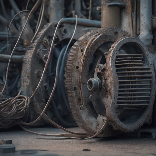 An intricate, worn-out gear system with rusty bolts, tangled wires, and broken gears, surrounded by cracks in a concrete foundation, with a faint image of a storefront in the background.