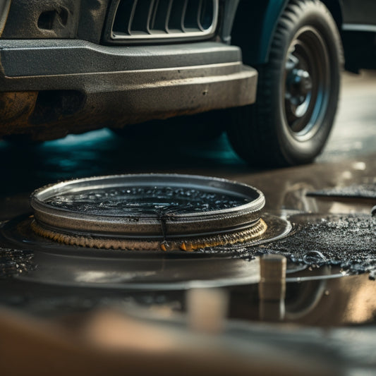 A close-up of a car's underside, with a dark puddle of transmission fluid beneath, surrounded by tools and rags, with a few drops of fluid dripping from the transmission pan.