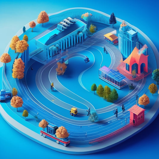 A stylized illustration of a winding road that transforms into a ascending graph, surrounded by e-commerce elements like shopping carts, packages, and laptops, set against a bright blue background with subtle gradient effects.