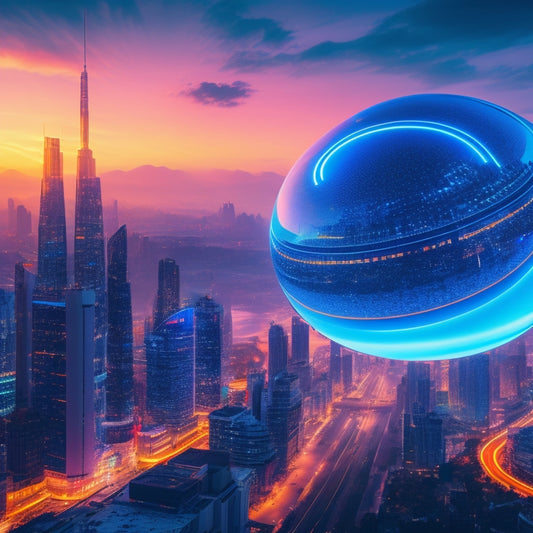 A futuristic cityscape at dusk with sleek skyscrapers, neon lights, and holographic advertisements, featuring a large, glowing orb at the center, surrounded by orbiting robots and flying drones.